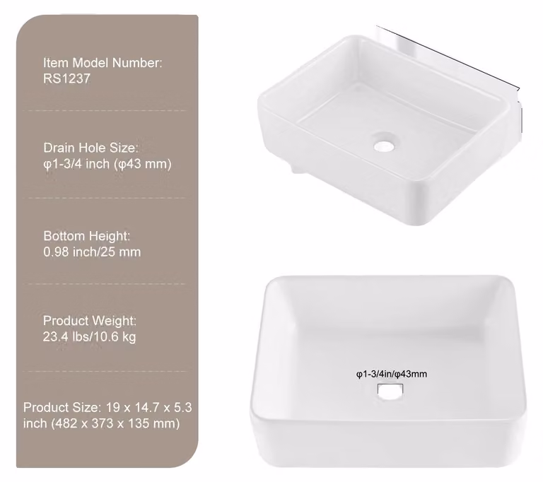 Lavabo, forma rettangolare, materiale ceramico resistente, dimensioni 19x14,7 pollici