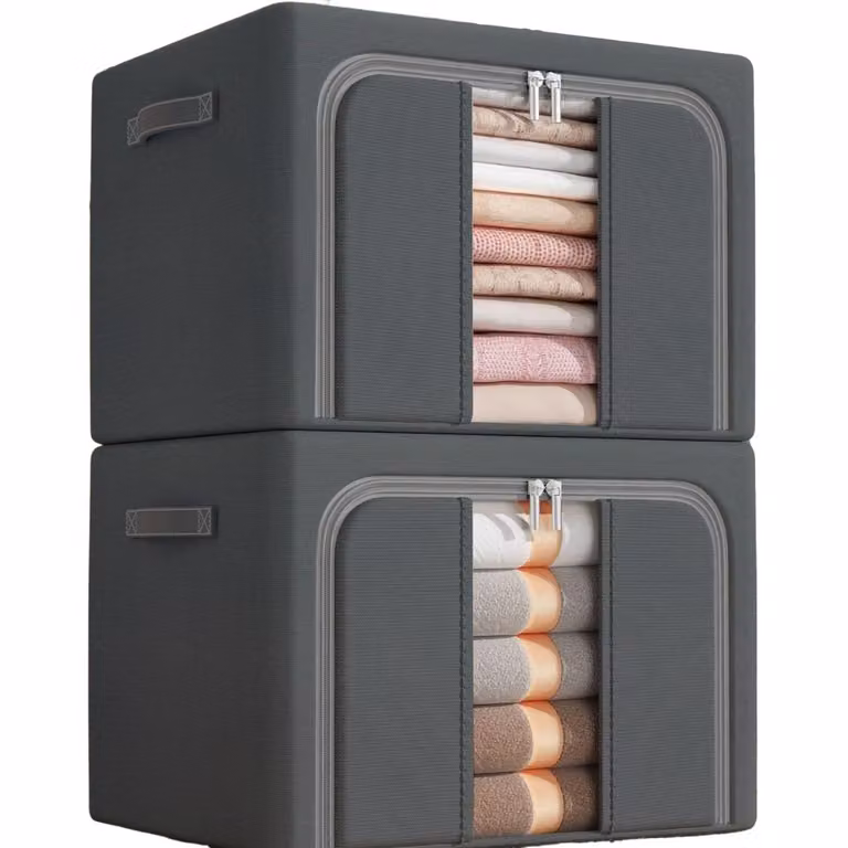 set di 2 scatole portaoggetti in tessuto Oxford, impermeabile, pieghevole, 100L, scomparti, per vestiti e guardaroba, con finestra di visualizzazione, grigio scuro