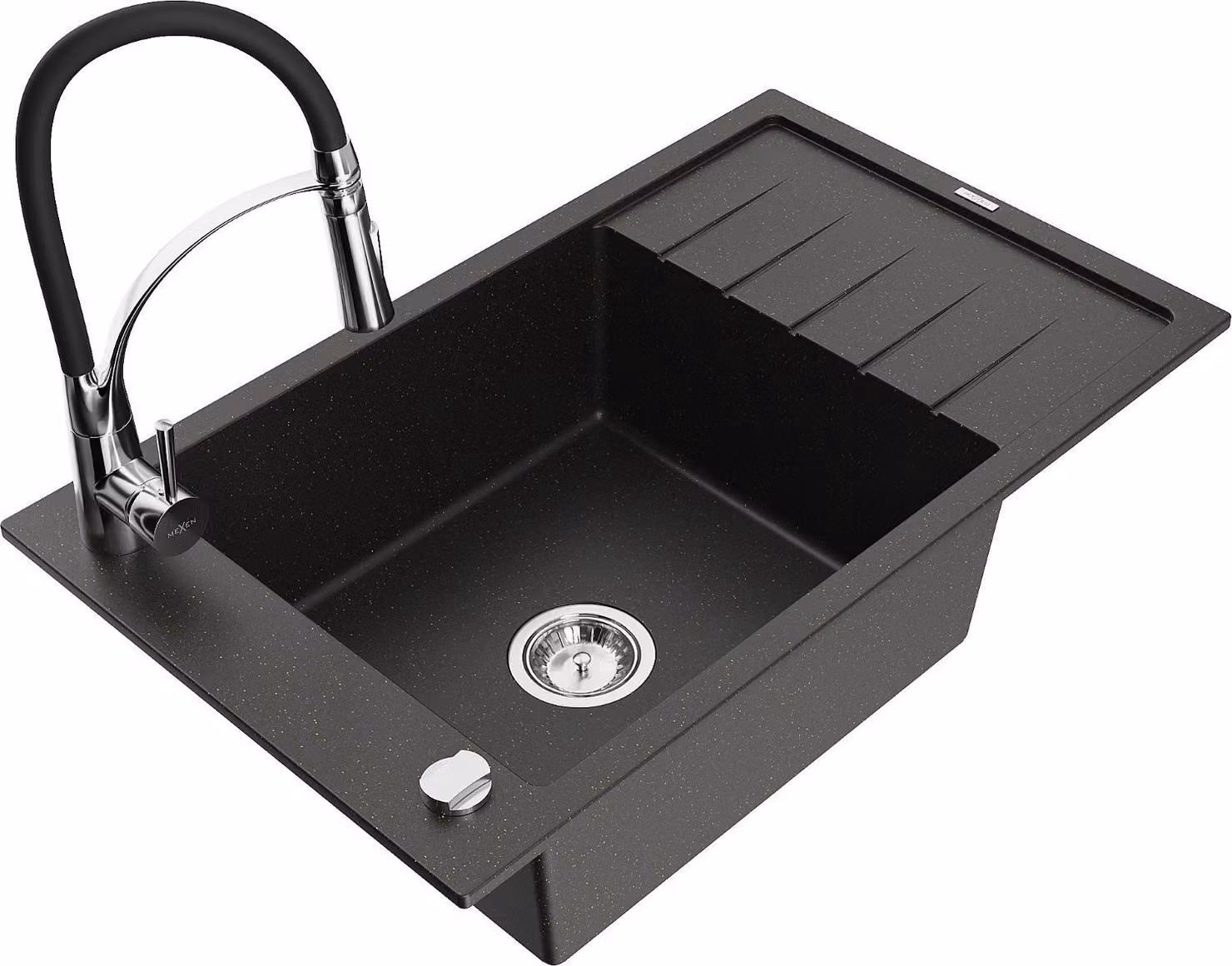Mexen Elias lavello in granito a 1 vasca con scolapiatti e rubinetto da cucina Aster, nero/oro metallico - 6511-75-73450-70