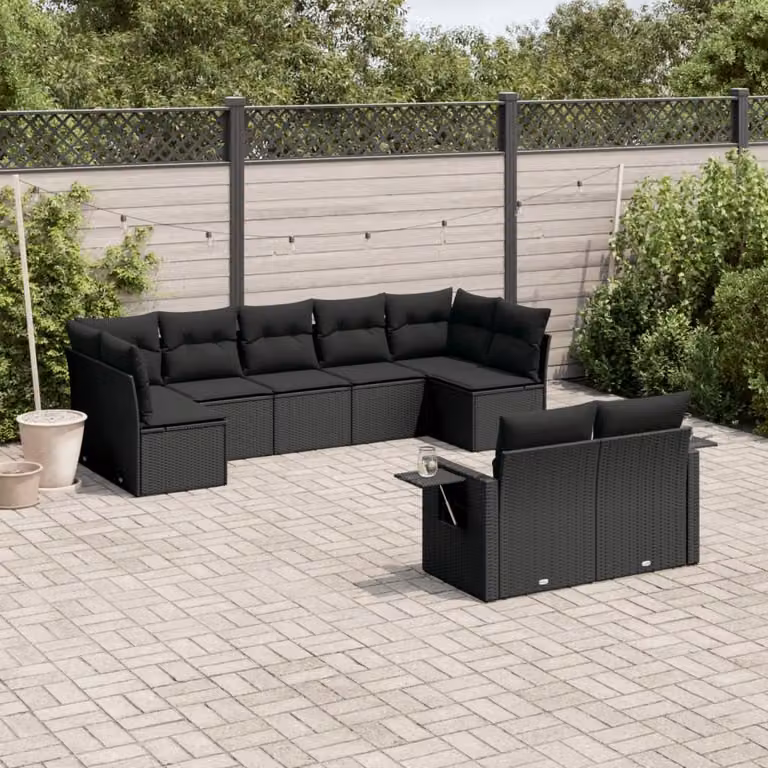 vidaXL Set Divani da Giardino a L 9 pz con Cuscini e Tavolino Nero in Polyrattan e Acciaio