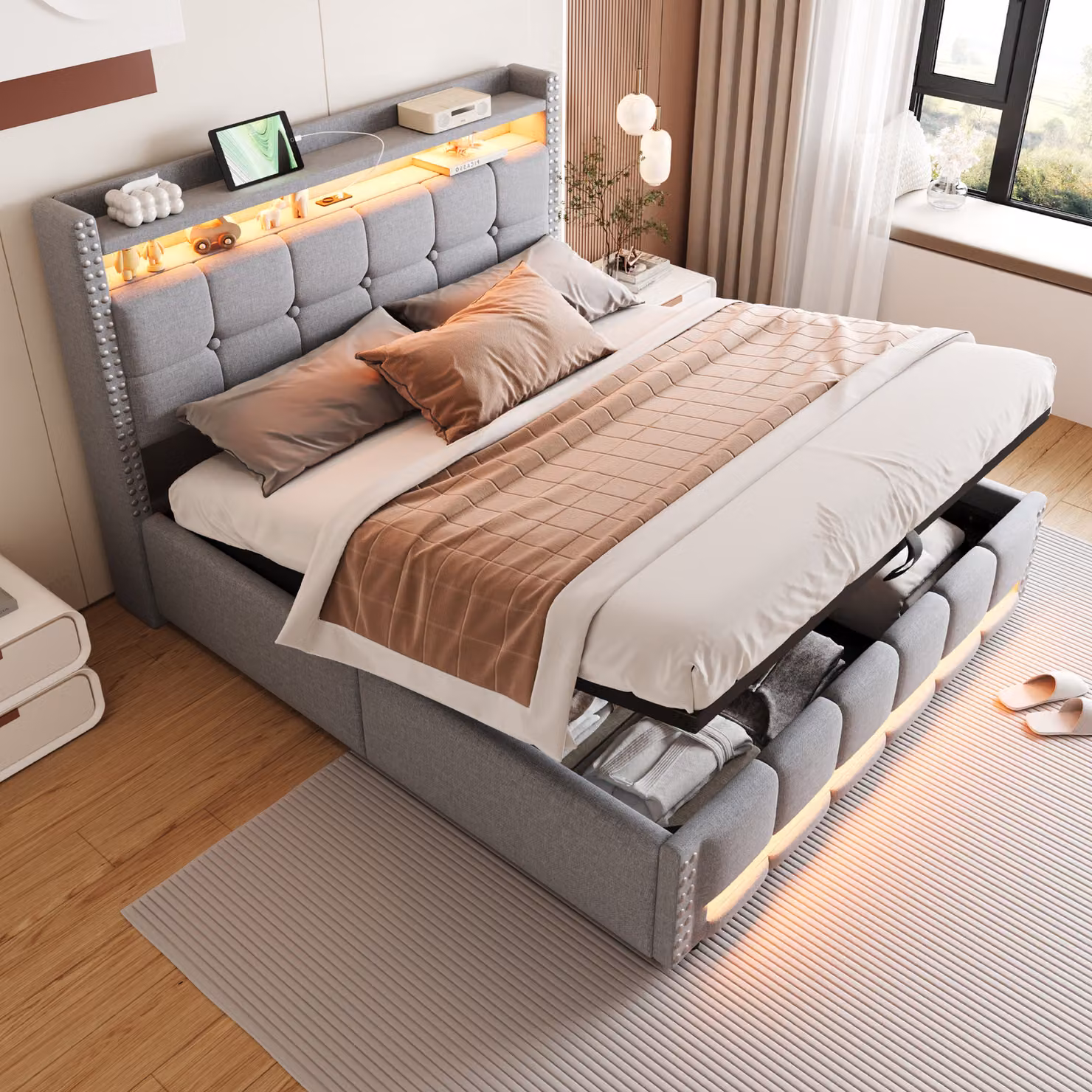 Letto imbottito Flieks 160x200cm con funzione di ricarica (USB e presa di corrente), letto a molle insacchettate con spazio di archiviazione, letto giovanile letto matrimoniale con LED, biancheria, luce