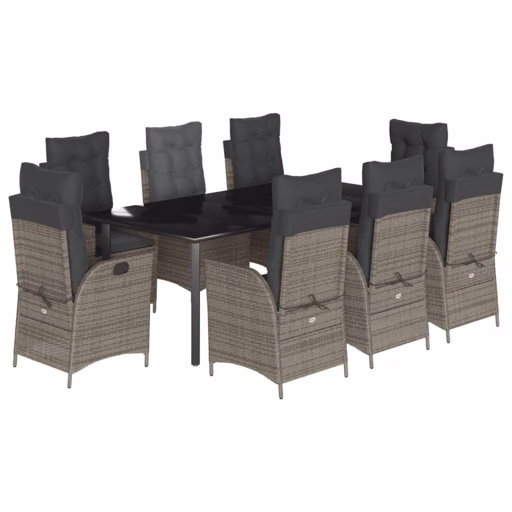 Set da Pranzo da Giardino 9 pz con Cuscini in Polyrattan Grigio