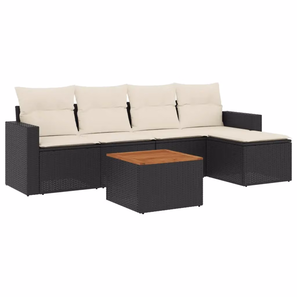 vidaXL Set Divano da Giardino a L in Polyrattan con Cuscini, Tavolino e Ottoman, 6 Pezzi, Nero – 2