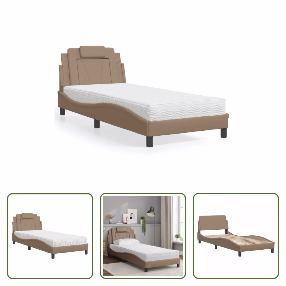 The Living Store Letto con materasso cappuccino-marrone 80x200 cm in ecopelle