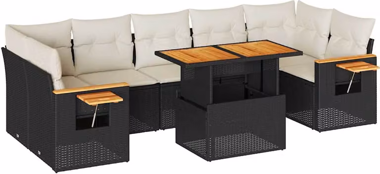 Set Divani da Giardino con Cuscini 8 pz Nero Polyrattan Acacia