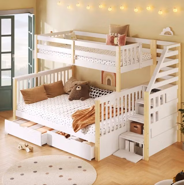 Letto a castello 90 x 200 e 140 x 200 cm in pino bianco naturale con cassetti