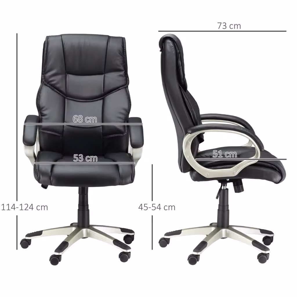 Sedia da ufficio ergonomica WISHDOR nera in ecopelle con rotelle e braccioli, girevole 360°, L/P/H: 70 x 58 x 124 cm – 2
