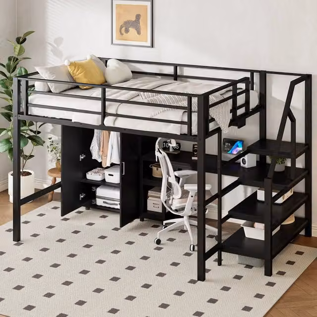 Letto a soppalco 140×200 cm con scrivania, armadio, ripiani e scala contenitore, senza materasso, nero