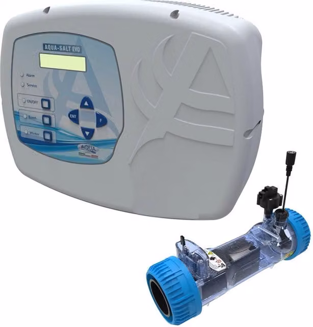 Sterilizzatore ad elettrolisi salina Aqua Salt Evo ADCEL con sensore di flusso, regolatore di pH e lettura cloro per piscine fino a 150 m3, colore bianco