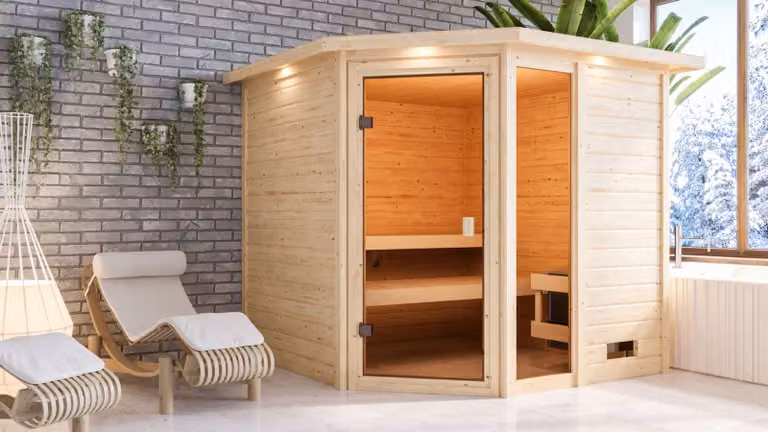 Sauna Woodfeeling Tabea (ingresso ad angolo), porta a tutto vetro, bronzata, riscaldatore 9 kWcontrollo esterno semplice
