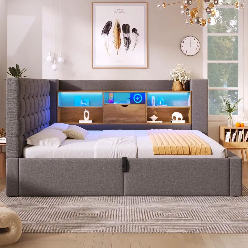 Letto singolo imbottito WISHDOR con contenitore idraulico, illuminazione LED sottostante e porta USB, grigio, L/P/H: 90 x 190 x 38 cm – 2