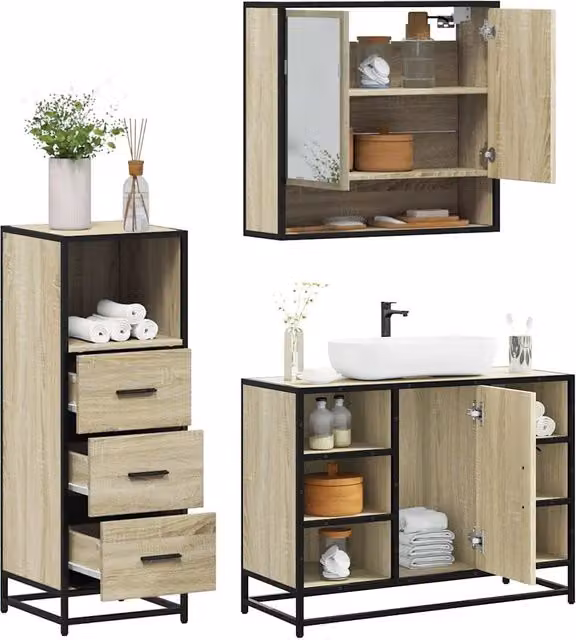 Set Mobili da Bagno 3 pz Rovere Sonoma in Legno Multistrato 3301061