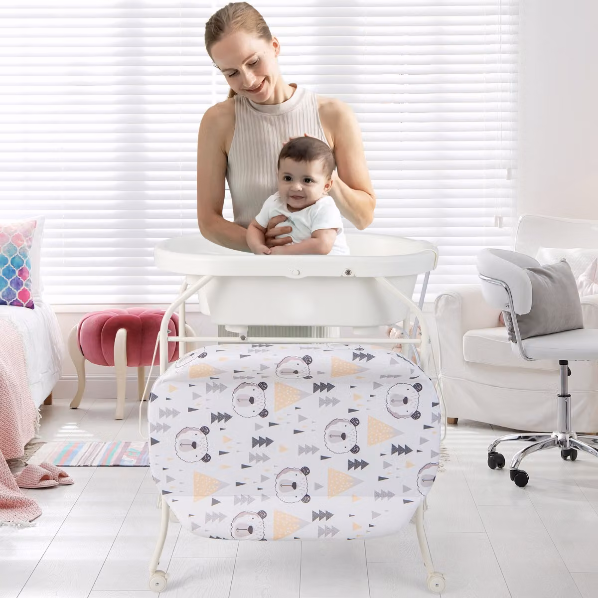 Fasciatoio per bambini Costway con mini vasca da bagno e cuscinetto in PVC, stazione di cambio pannolini per neonati, Bianco