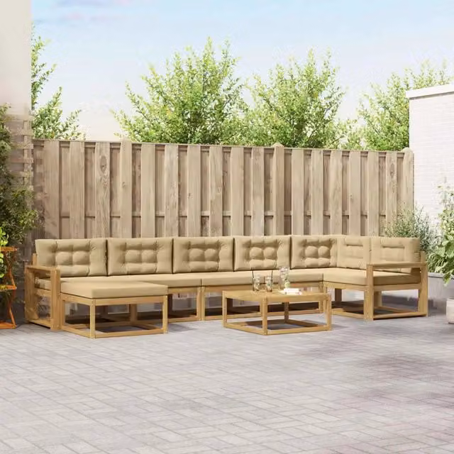 Set di divani da esterno a L con tavolo e pouf vidaXL, Bianco e Beige, in legno di acacia con cuscini inclusi – 1
