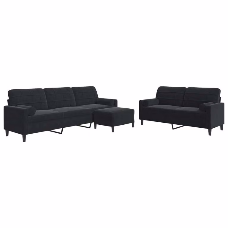 Set di Divani 3 pz con Cuscini e Rinforzi Nero in Velluto