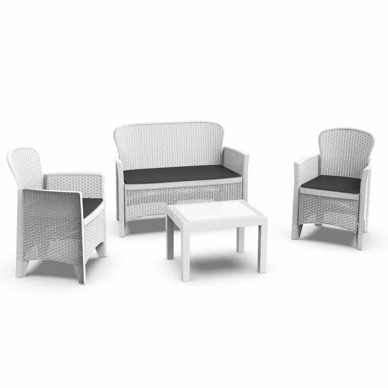 Set da giardino moderno PROGARDEN Linea Jungle in rattan bianco con divano a 2 posti, poltrona lounge, tavolino da caffè e cuscini inclusi