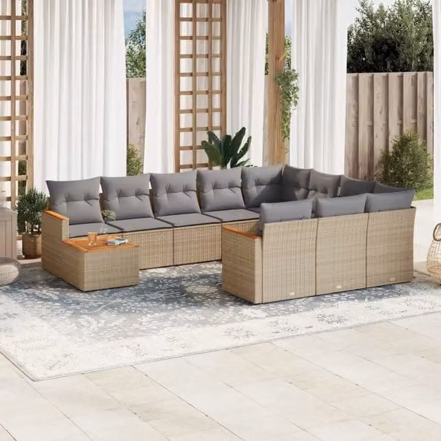 vidaXL Set Divani da Giardino 11 pz a Forma a U in Polyrattan con Cuscini Beige e Tavolino da Esterno – 1