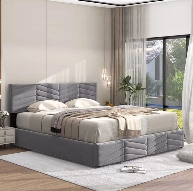 Letto matrimoniale 140x190 cm; testiera regolabile con contenitore; velluto grigio (Senza materasso)