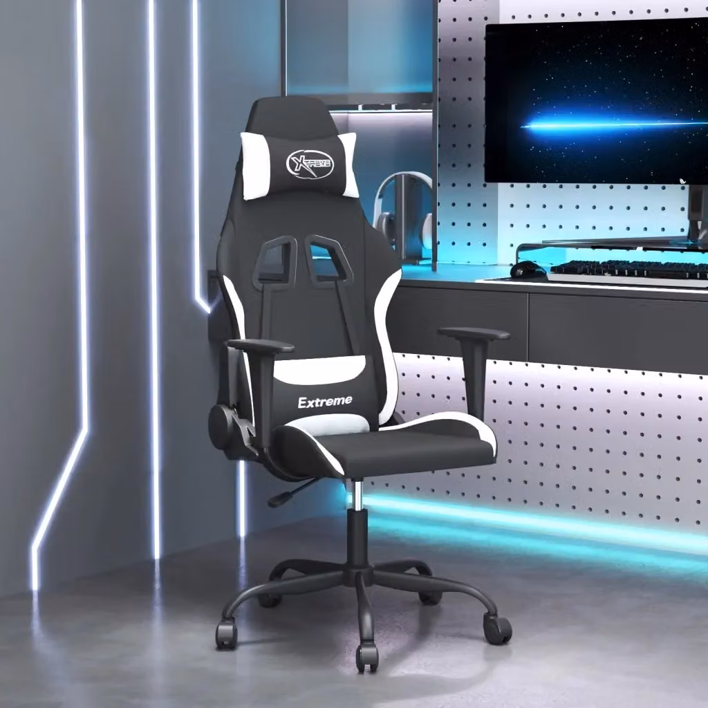 Sedia da Gaming Sportiva in Tessuto Nero e Bianco con Poggiatesta e Ruote, Girevole a 360 Gradi – 2