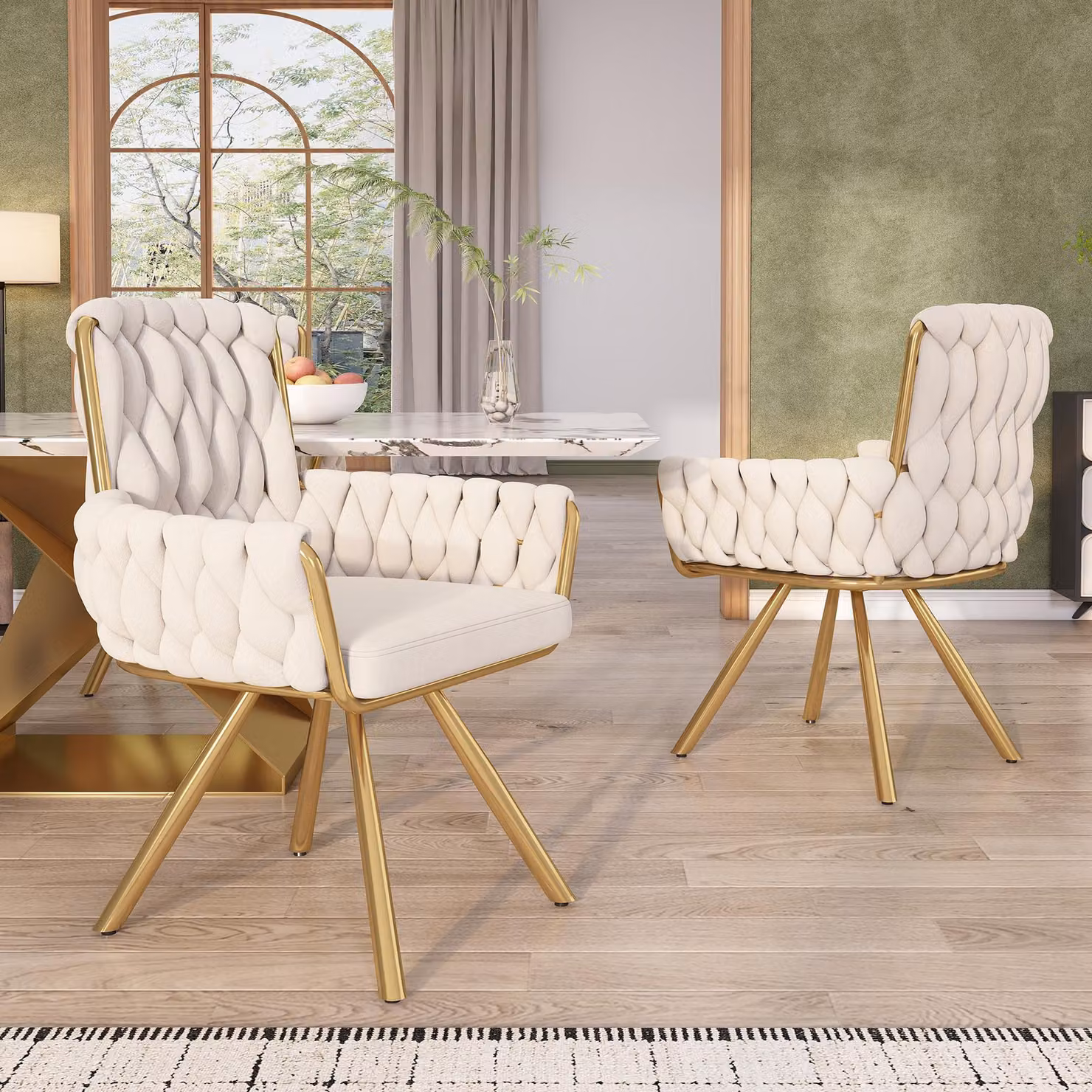 Sedia da pranzo in velluto Sweiko, set di 2, poltrona, sedia girevole singola per soggiorno e camera da letto, sedia girevole per il tempo libero con quattro gambe di supporto in metallo, beige