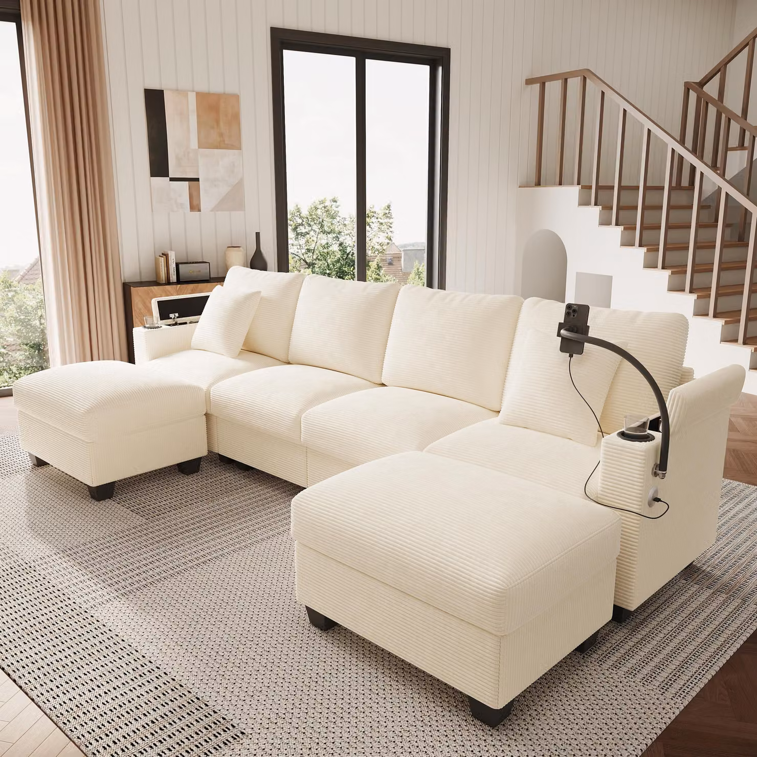 Merax Divano angolare a U a 6 posti, divano letto, grande divano modulare in velluto a coste, con porta USB, supporto per cellulare, portabicchieri, divano, beige