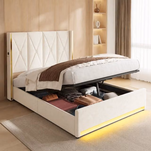 Letto contenitore 160x200 cm beige in velluto con LED, USB/Type-C e tasche laterali