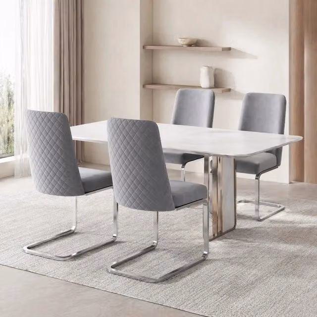 Set di 2 Sedie da Pranzo in Velluto Grigio con Gambe in Metallo Argento e Schienale a Diamante