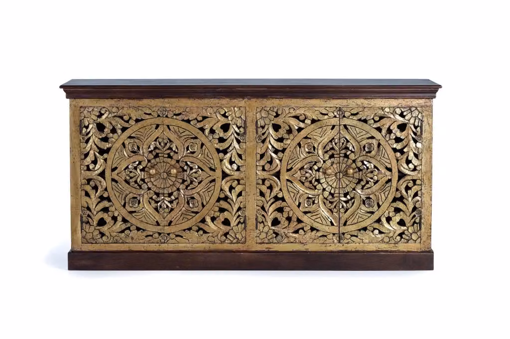 Comò a 4 ante Giner Y Colomer in legno di mango intagliato a mano, decorazione floreale etnica, marrone e oro – 2