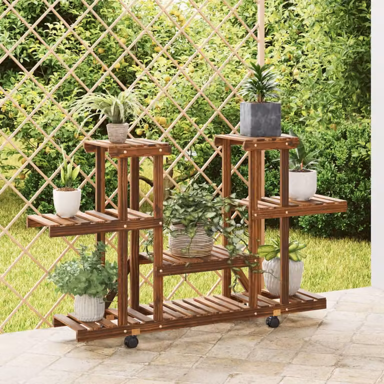 vidaXL Portafiori in Legno di Abete Marrone con Ruote Stile Retro L: 110 cm, P: 25 cm, H: 78 cm