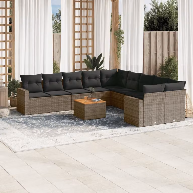 vidaXL Set Divani da Giardino a L 11 pz in Polyrattan Grigio con Cuscini e Tavolino