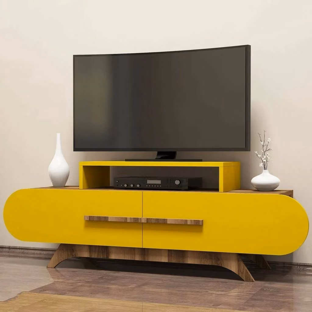 Mobile porta TV DMORA con 2 ripiani, design moderno in legno, Marrone Noce, L 145 cm x P 37 cm x H 50 cm – 2
