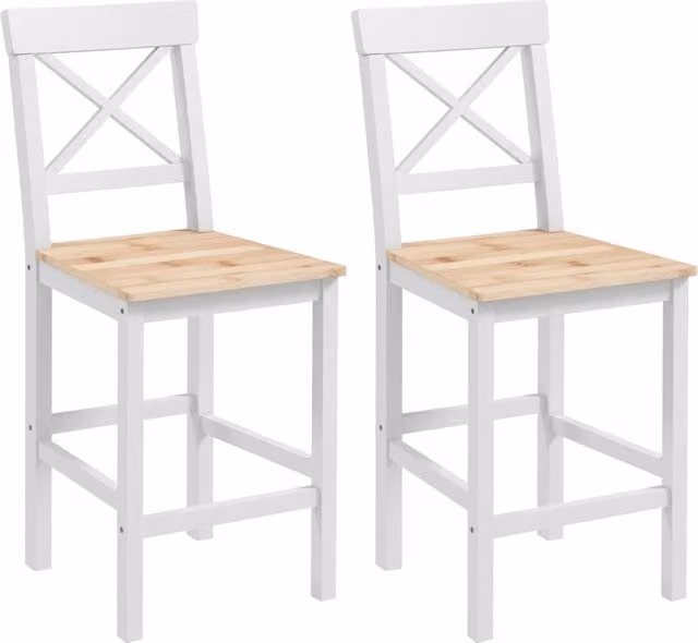 Set di 2 sgabelli da bar in legno di pino con schienale e poggiapiedi in stile rustico per cucina e soggiorno, colore naturale