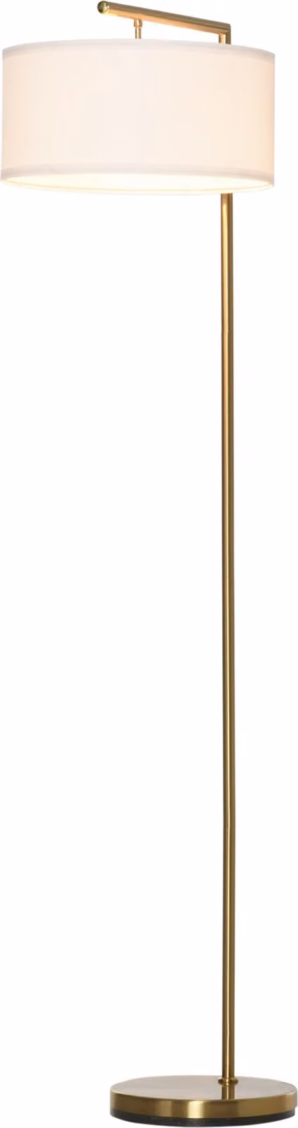 Lampada da terra Moonbite, attacco E27, con interruttore a pedale, altezza 153 cm, base in acciaio dorato e paralume in tessuto bianco, ideale come lampada da lettura per soggiorno o ufficio, realizzata in acciaio e con finitura dorata
