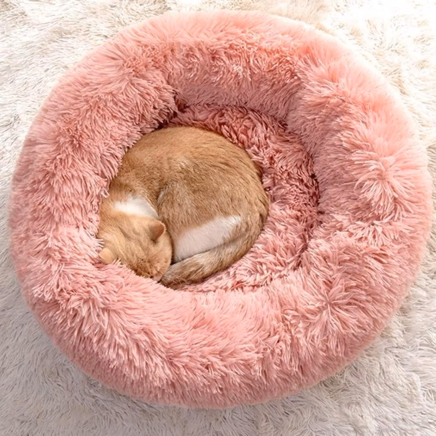 Cuccia per cani, cuccia per gatti, lavabile, morbida, in peluche, rotonda, a forma di ciambella, rosa, 50 cm