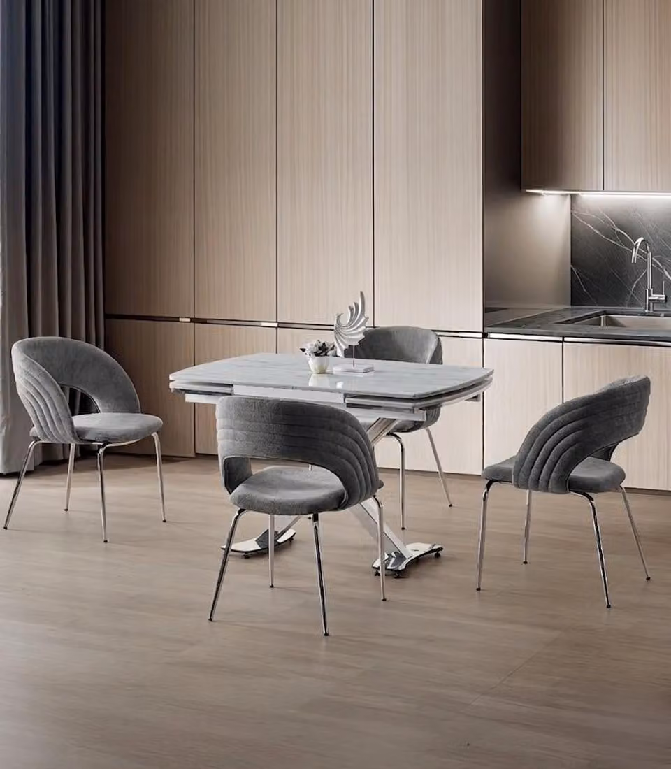 Set per sala da pranzo: tavolo da pranzo, 4 sedie, grigio, estendibile, moderno, con ruote