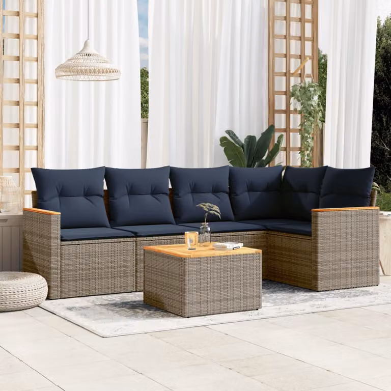 Set Divani da Giardino vidaXL 6 pz a Forma a L con Tavolino, Polyrattan e Cuscini Blu o Grigio