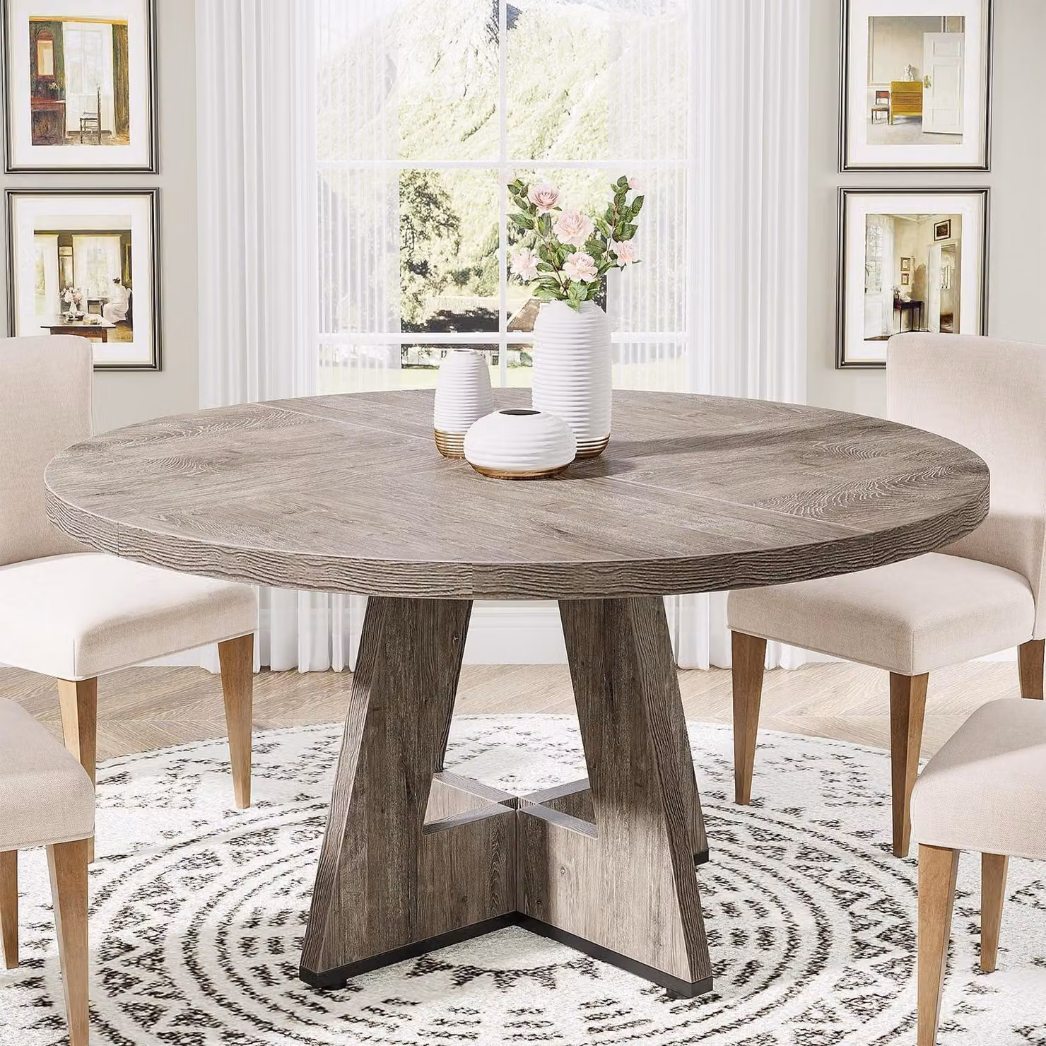 Tavolo rotondo da pranzo in legno, diametro 119,4 cm, stile rustico, colore grigio, mobili in stile country