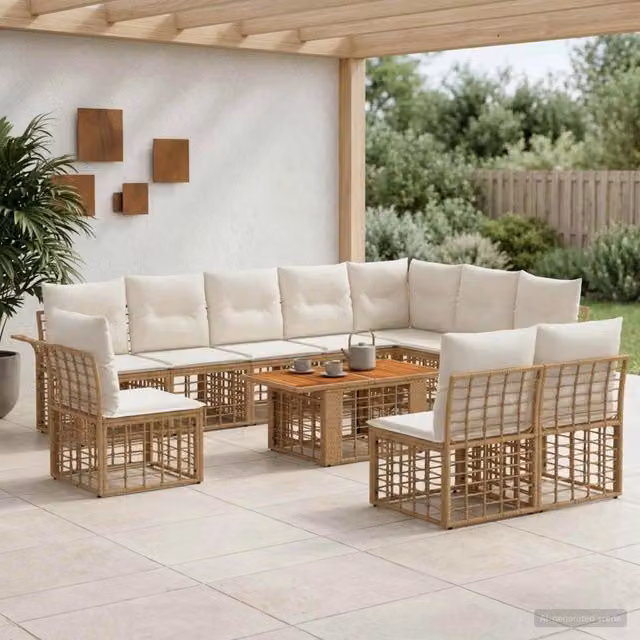 Set Divano da Giardino 11 pz Naturale e Bianco Crema polyrattan 3437988