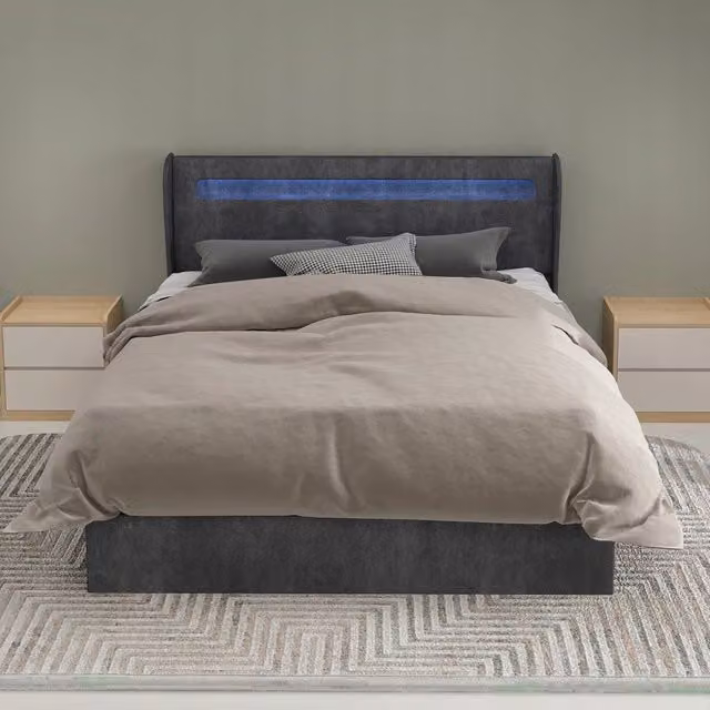 Letto imbottito 140x200 - Xylo - Grigio con LED e struttura sollevabile