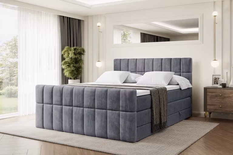 Letto boxspring ALTDECOR con pediera, 2 materassi e topper - 120x200 cm - MIAMI-Z KING - Velluto grigio scuro - Letto imbottito con materassi H3 e H4, contenitore e rete a doghe, letto con spazio contenitivo