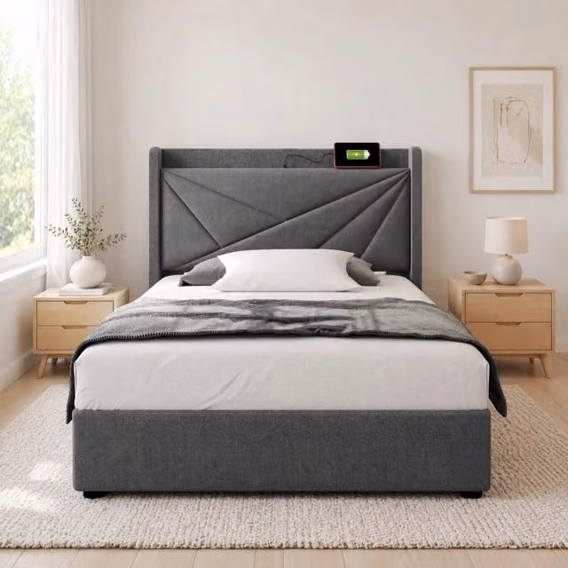 Letto singolo con contenitore 90x200 cm in cotone e lino grigio; con USB e USB-C