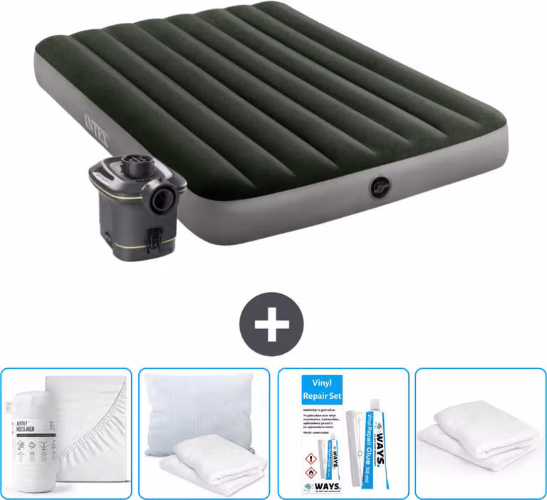 Letto ad aria Intex - Letto matrimoniale - 137 x 191 x 25 cm - Verde - Incluso pompa - lenzuolo matrimoniale - bacio - set di riparazione e protezione per cuscini
