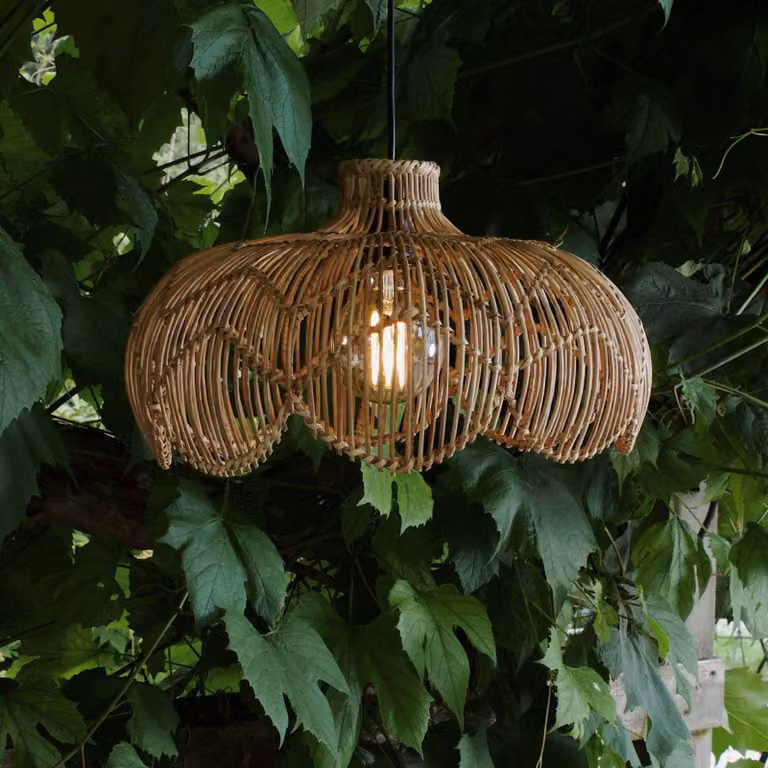 PR Home Lampada a sospensione da esterno Belle, rattan naturale, Ø 43 cm, spina IP44 Belle, Legno chiaro, Legno