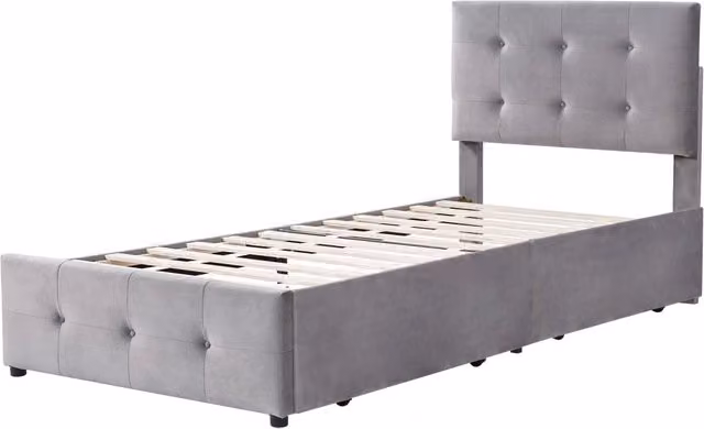 Letto Singolo con Cassetti e Contenitore in Velluto Grigio, L/P/H: 90 x 200 cm