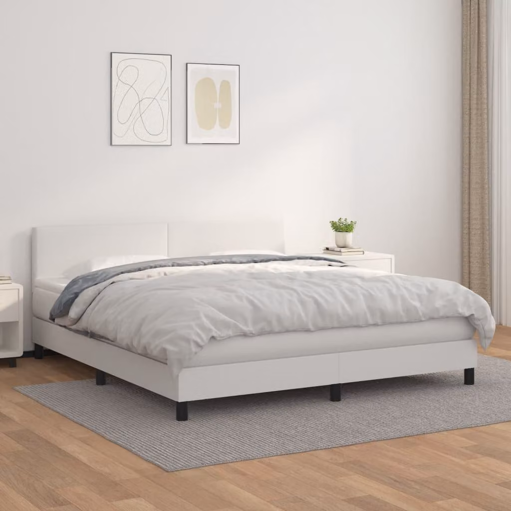 Letto Ibrido vidaXL con Giroletto a Molle, Materasso a Tasche e Luci LED Integrate, Similpelle Bianco, L 160 x P 200 cm