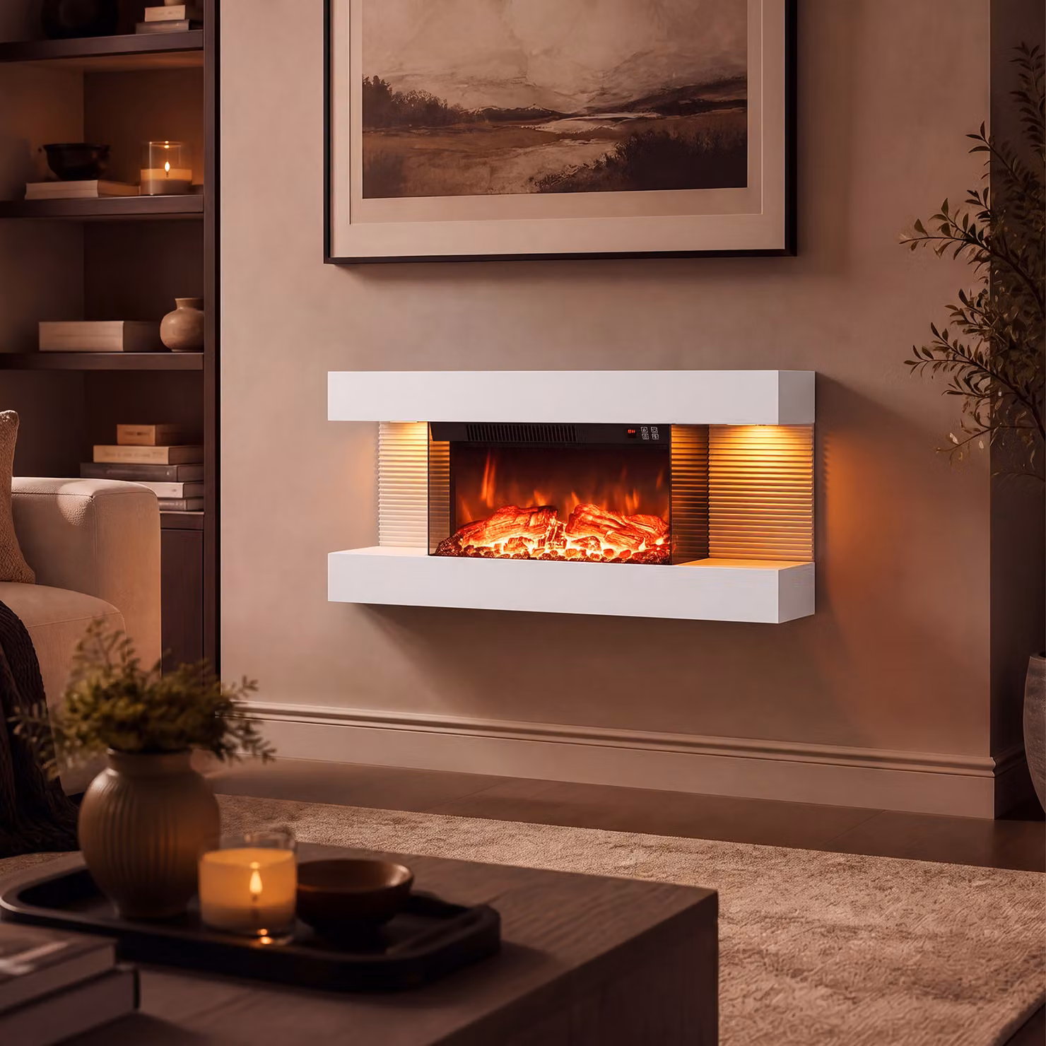 Camino elettrico Costway da parete o terra con 12 colori di fiamma e luci LED, Bianco, L 82 x H 42 x P 20,5 cm