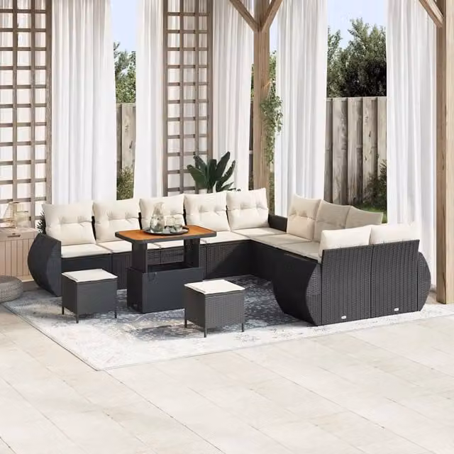 Set da giardino vidaXL a forma di U composto da 13 pezzi in rattan nero con cuscini inclusi e struttura in acciaio verniciato a polvere