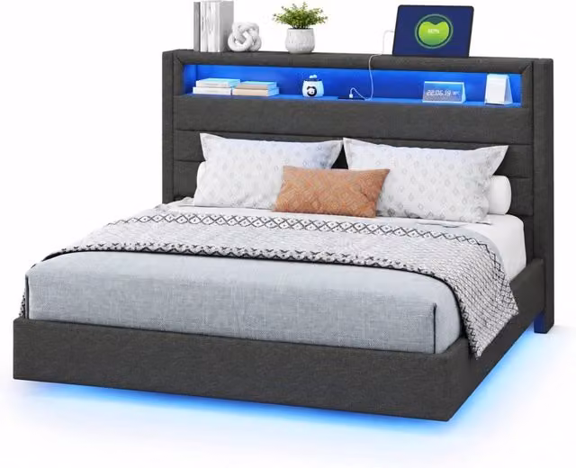 Letto matrimoniale imbottito 140x200 cm con USB; LED e testiera girevole in lino grigio