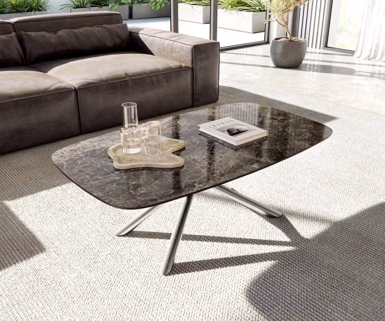 DELIFE Tavolino da divano Edge Boot, 120x70 cm, piano in Vetroceramica Emperador extra lucida, marrone scuro, struttura in acciaio inossidabile spazzolato