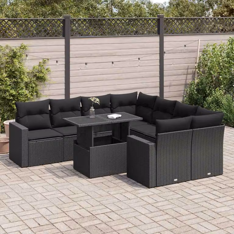 Set di divani da giardino vidaXL in polyrattan nero con 9 pezzi e cuscini
